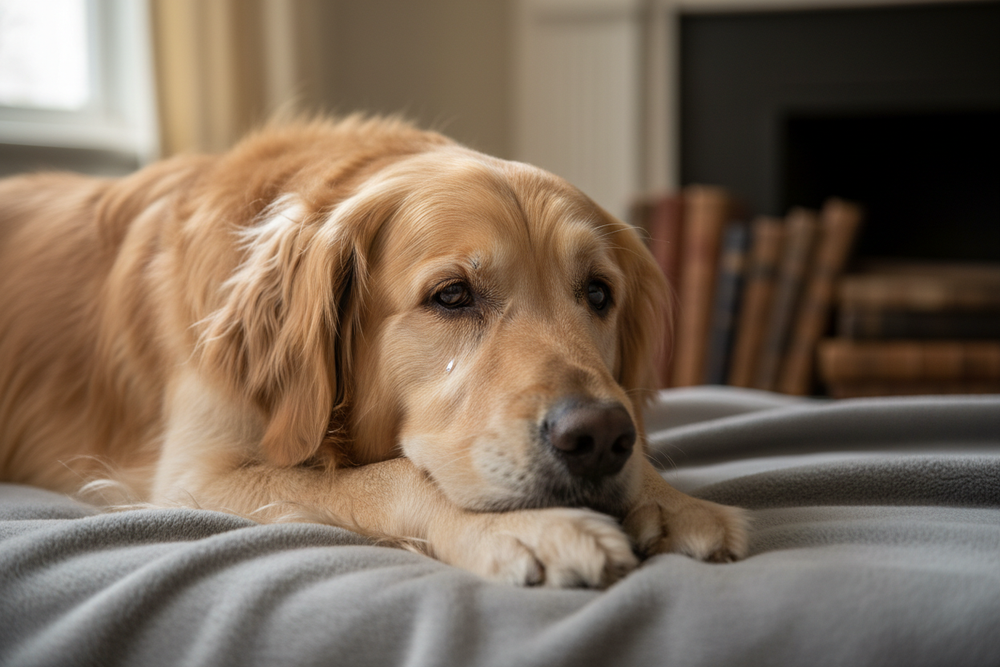 собака лежит грустная задумываясь 