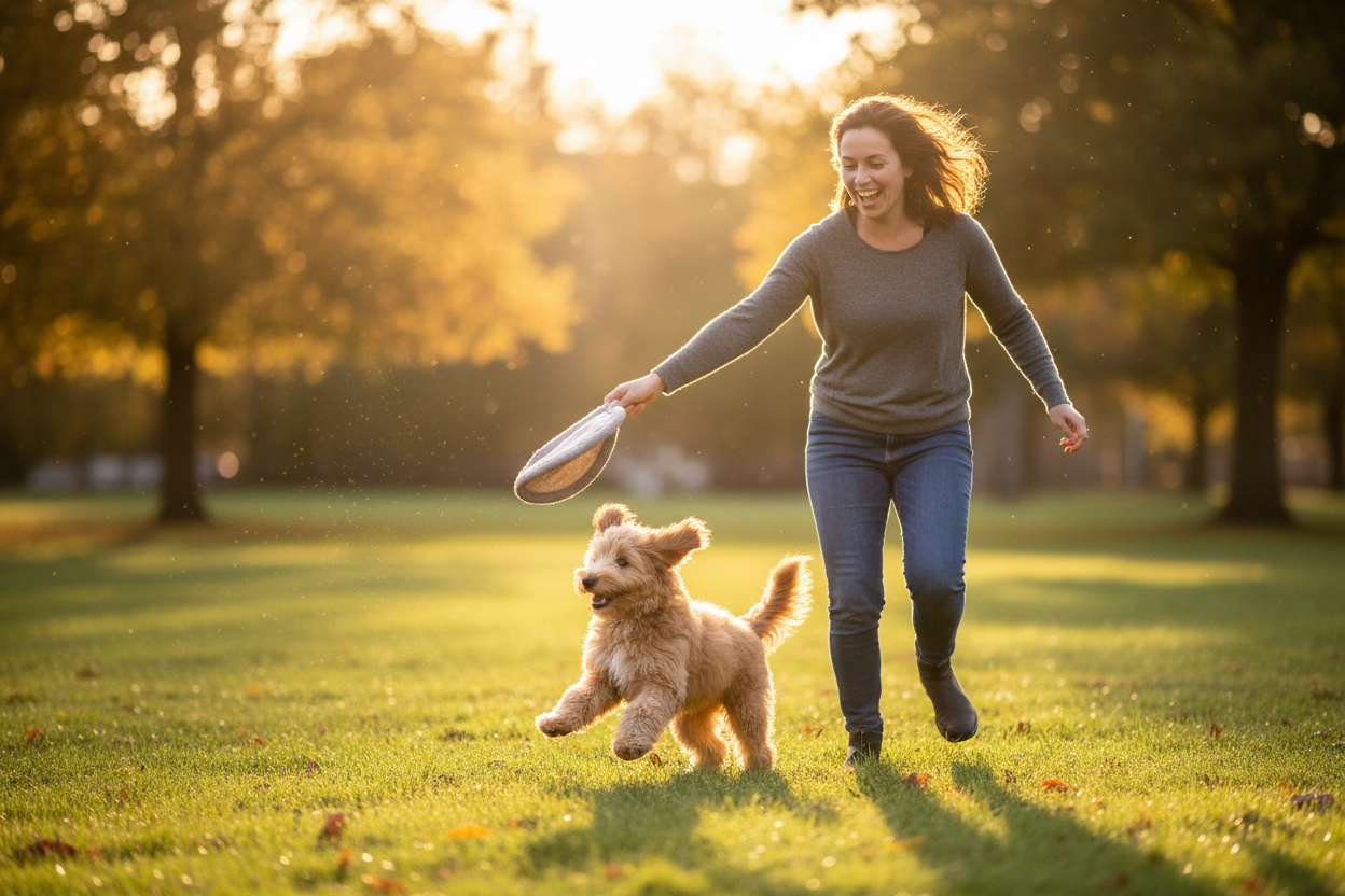 СОЗДАЙ ВЫСОКО КАЧЕСТВЕННУЮ ФОТОГРАЮ МАЛЕНКЬЙ СОБАКИ С ХОЗЯИНОМ ГДЕ ОН ИГРАЕТ 